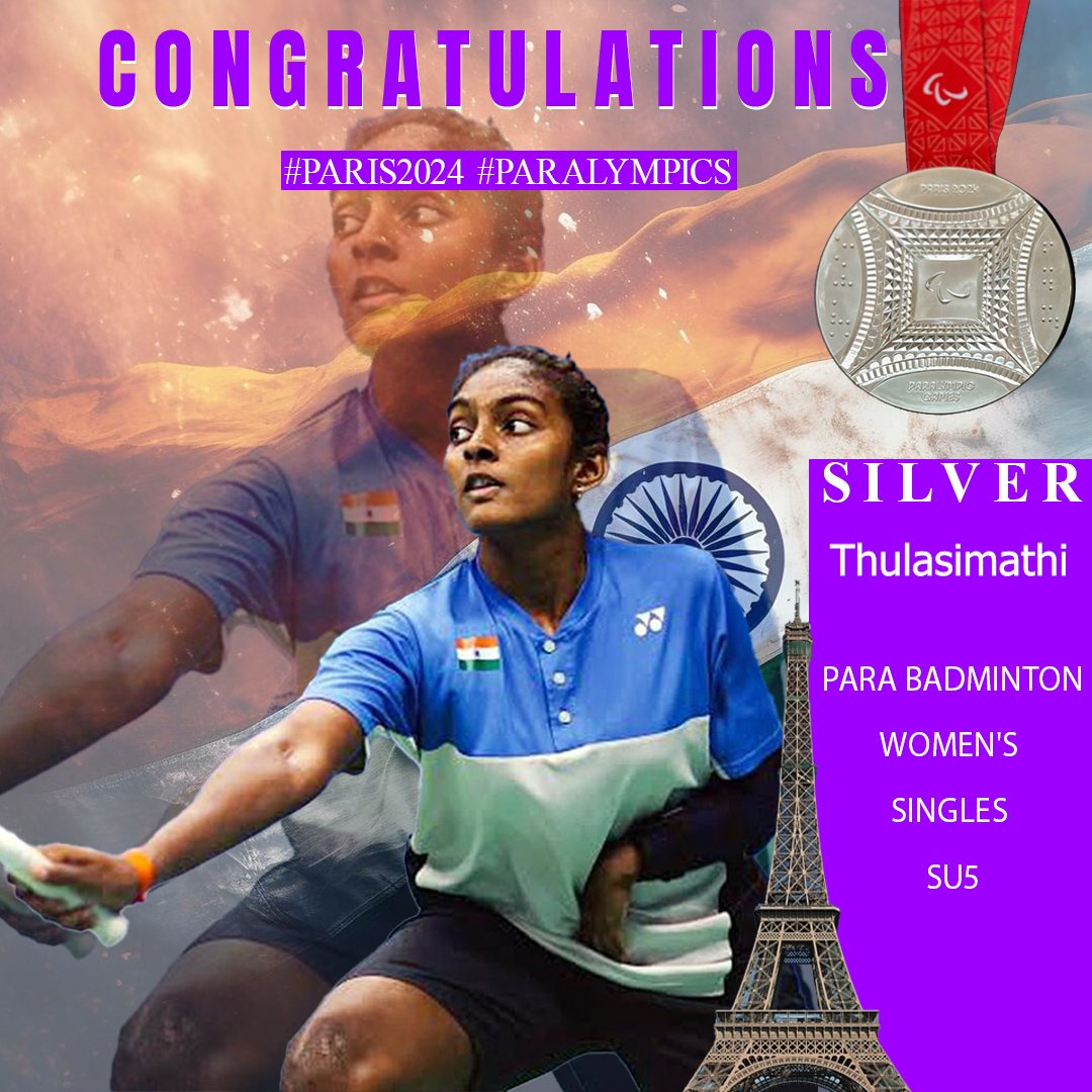 DeepaAthlete's tweet image. Huge congratulations to Thulasimathi Murugesan, @Thulasimathi11 for clinching the Silver medal in Women’s Badminton Singles SU5! 🥈🇮🇳

@paris2024 @paralympics

#ThulasimathiMurugesan #Cheer4Bharat #MachaDhoom #Paris2024 #Paralympics