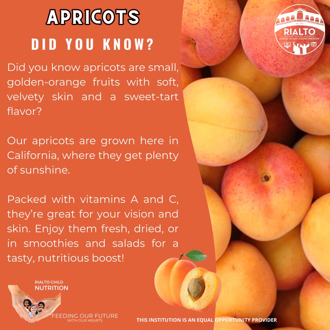 rialtonutrition's tweet photo. It’s Fresh Fruit and Vegetable Month! To celebrate, we’re excited to serve farm-fresh black plums, crunchy baby cucumbers, sweet Medjool dates, and juicy apricots at our 18 elementary schools this week! Thanks to the grant-funded #FFVP @CDENutrition https://t.co/Vv85irnqXV