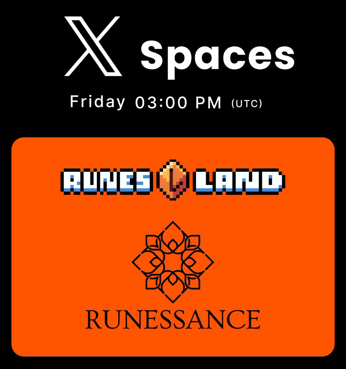 x402land's tweet photo. 🎙️RUNESSENCE X RUNESLAND AMA🎙️

GM and GN, ladies, runes, and gents. This week we'll be joined by our comrades at @RunessanceFi for a special AMA.

Runessance is a non-custodial lending platform for Runes on Bitcoin L1.

Join us this friday, 3PM UTC!