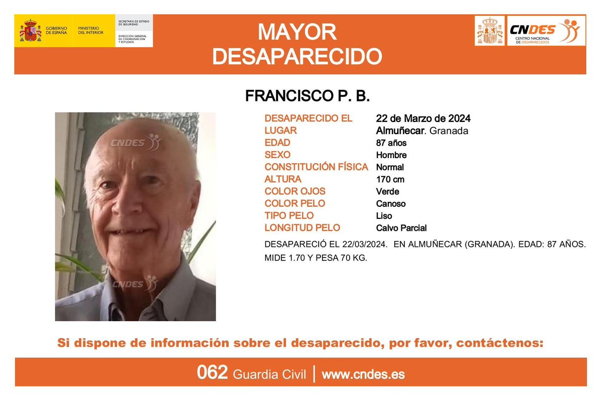 Imagina que fuera tu padre. Por favor un repost no cuesta nada. Sigue desaparecido, si vio algo llame a la guardia civil🆘#Missing #España #Almuñécar #Granada <a href="/sosdesaparecido/">ALERTA DESAPARECIDOS</a> <a href="/Angelestrrs_/">Angeles</a>
<a href="/persanfra/">Francisco Perez</a> <a href="/presidenteagcs/">Guardias Civiles Solidarios AGCS🎖</a> <a href="/yolanda_casares/">Yolanda Casares Alcalá</a>
Persona vulnerable