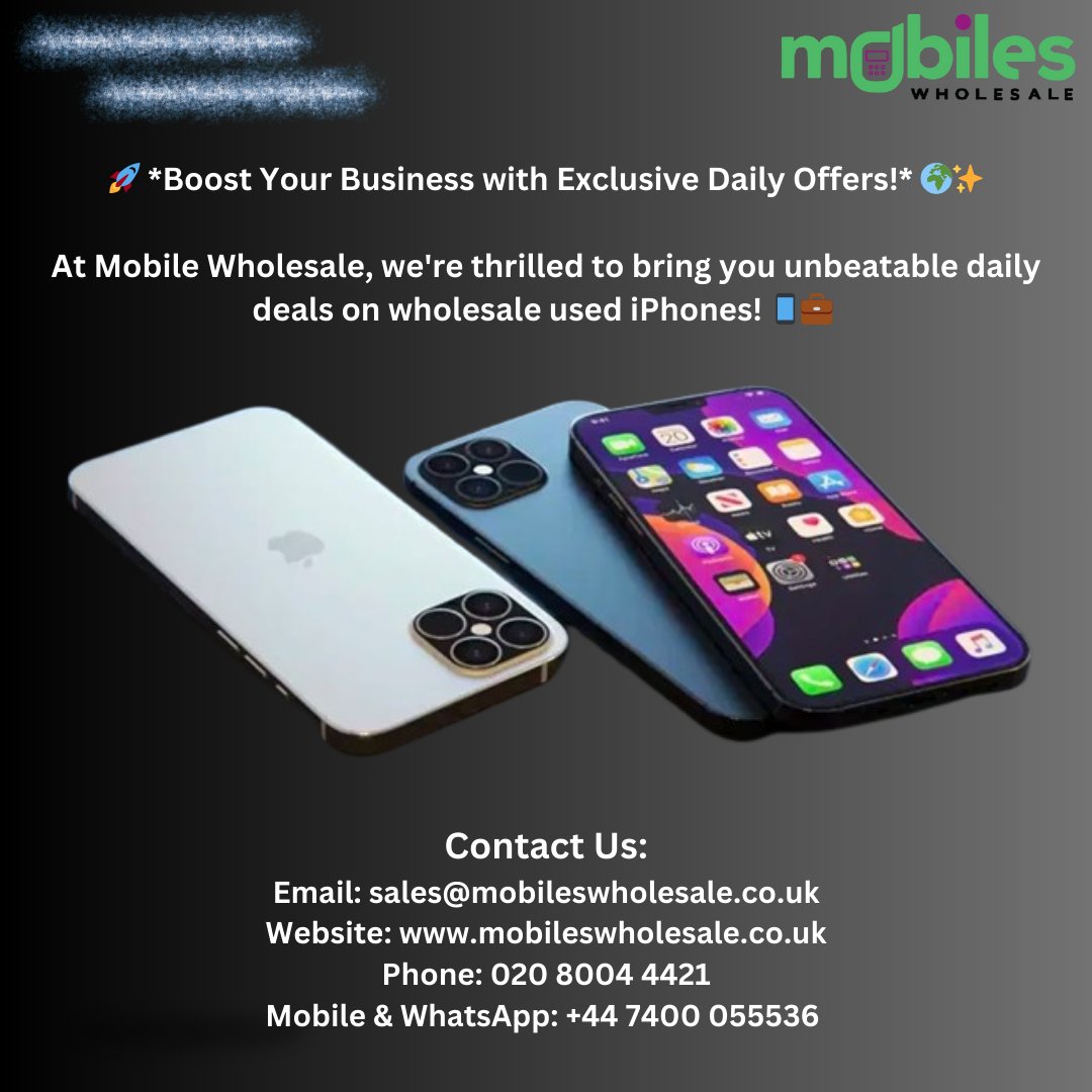MobilesWholesa1's tweet image. 🚀 *Boost Your Business with Exclusive Daily Offers!* 🌍✨

At Mobile Wholesale, we're thrilled to bring you unbeatable daily deals on wholesale used iPhones! 📱💼 

#WholesaleTech #DailyDeals #UsediPhones #BusinessConnectivity #InnovationAhead