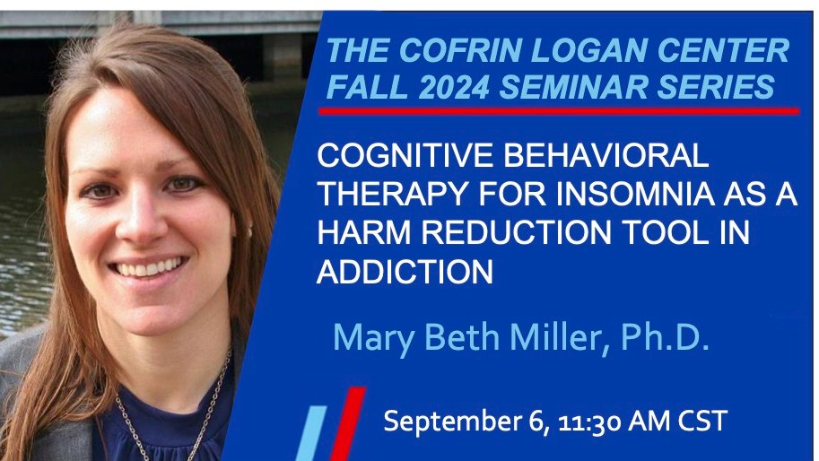 Join us for the first Fall 2024 Seminar Series lecture as Dr. Mary Beth Miller of <a href="/Mizzou/">Mizzou</a> presents "Cognitive Behavioral Therapy as a Harm Reduction Tool in Addiction"  
📅Friday, September 6 
📷11:30 AM CST, Dole HDC 1031 Join the livestream: addiction.ku.edu/events