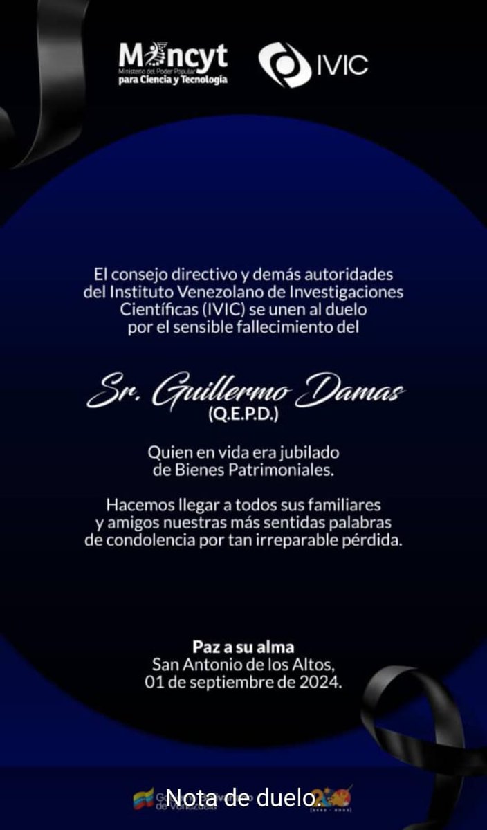 Nota de duelo <a href="/IVIC_oficial/">IVIC</a> gracias!