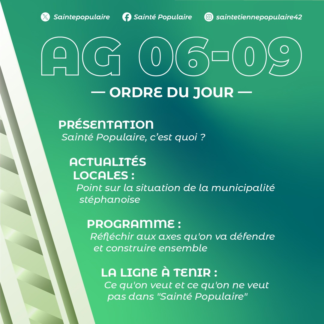Saintepopulaire's tweet photo. Assemblée Générale "Sainté Populaire" : Ordre du Jour ! 📢

Rejoignez-nous pour la première Assemblée Générale de Sainté Populaire, une démarche municipaliste et communaliste !

Dans la mesure du possible, merci de vous inscrire 👇 :

https://t.co/7Rit4exdV4 https://t.co/dfIWMDzkbK