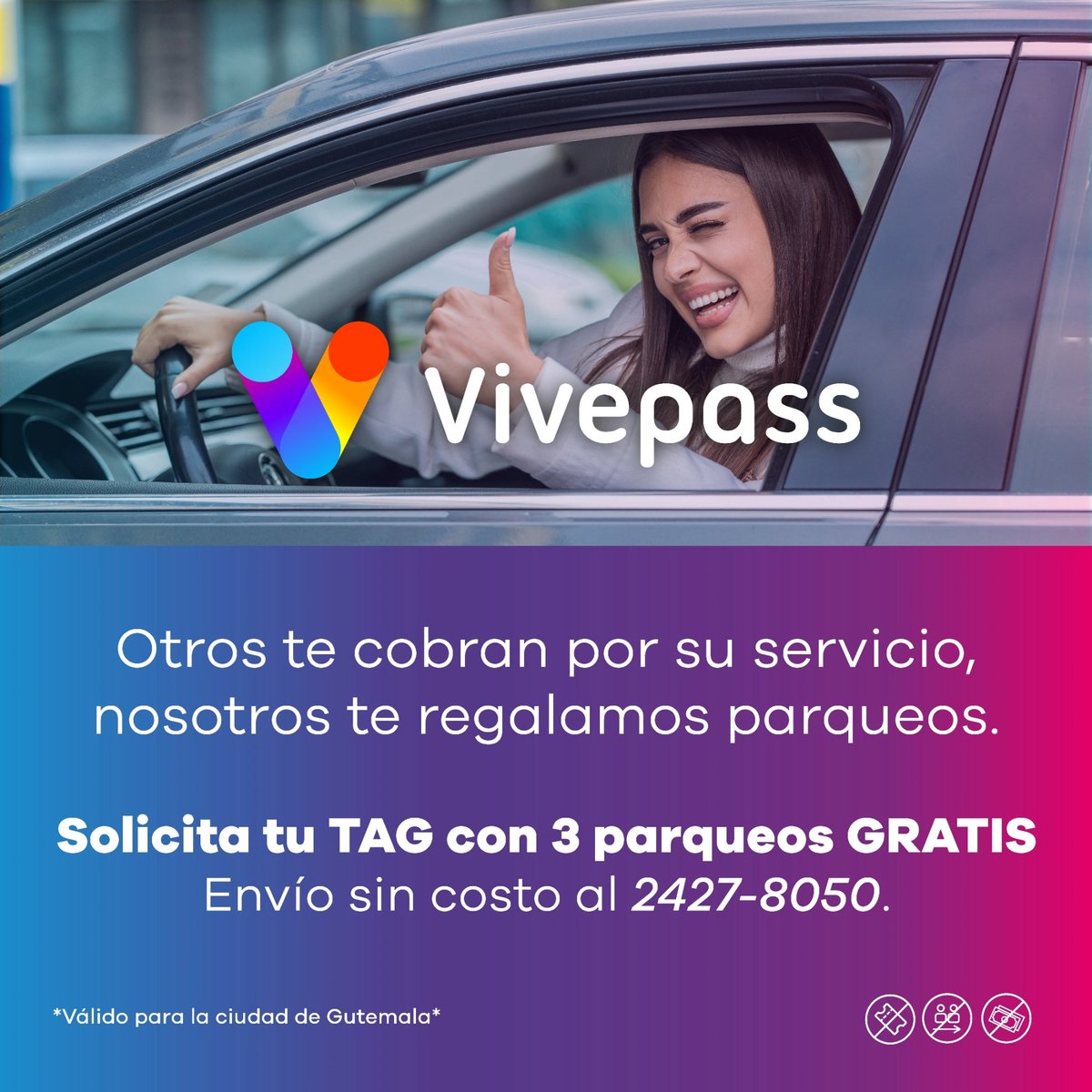 VivepassGT's tweet photo. ¡SOLICITA TU TAG HOY! 😉 Y comienza a vivir la experiencia Vivepass. 🚗✨️

#Vivepass #SinEfectivo #SinColas #SinTickets #Gratis https://t.co/NSAu2oqMzm