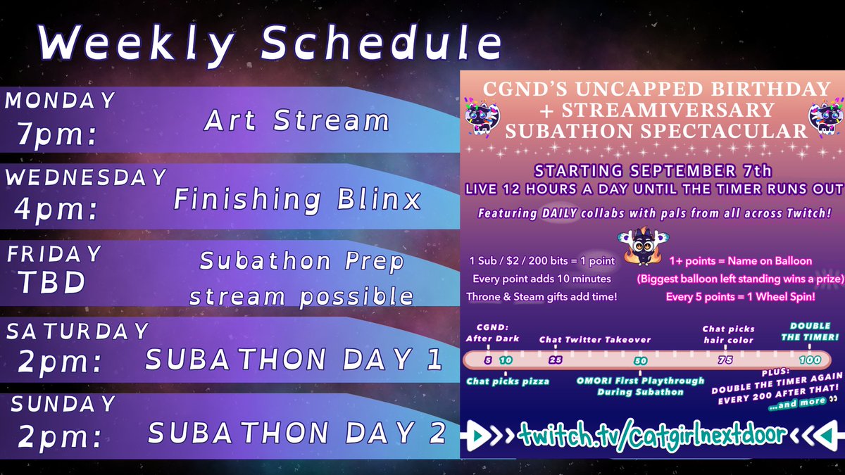 anotheralicat's tweet photo. This weekend kicks off my stream anniversary and also birthday uncapped subathon!!! 🥳 Prior to that, I'll be doing art tonight and finishing Blinx Wednesday! 👀

Can't wait to vibe with everyone this week and celebrate starting this weekend!!! 🥰🥳 https://t.co/IjniqnwrMu