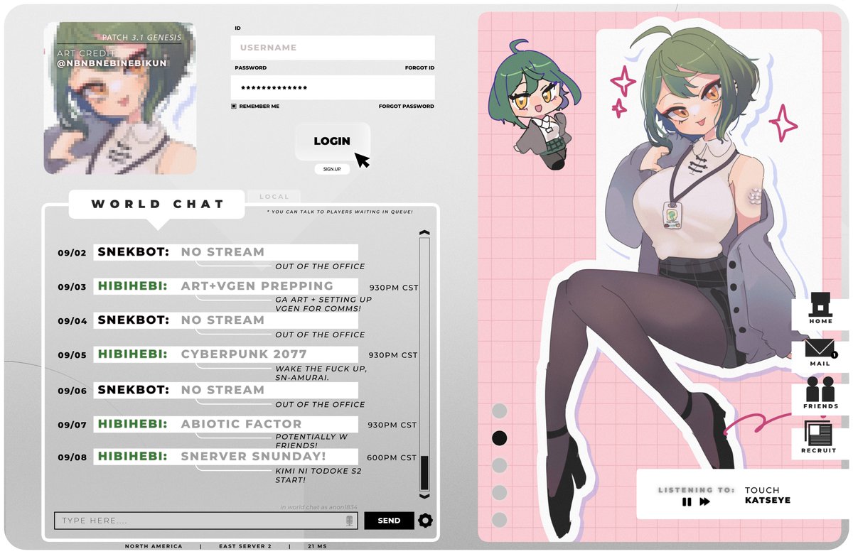 🐍hibi office hours 09/02-09/08🍶

♡ tuesdays will most likely be art streams going forward to start off the week with a bit of work~
♡ we are also starting up cyberpunk for the first time! 
♡ abiotic saturday w friends mb
♡ starting s2 of kimi ni todoke in the discord~