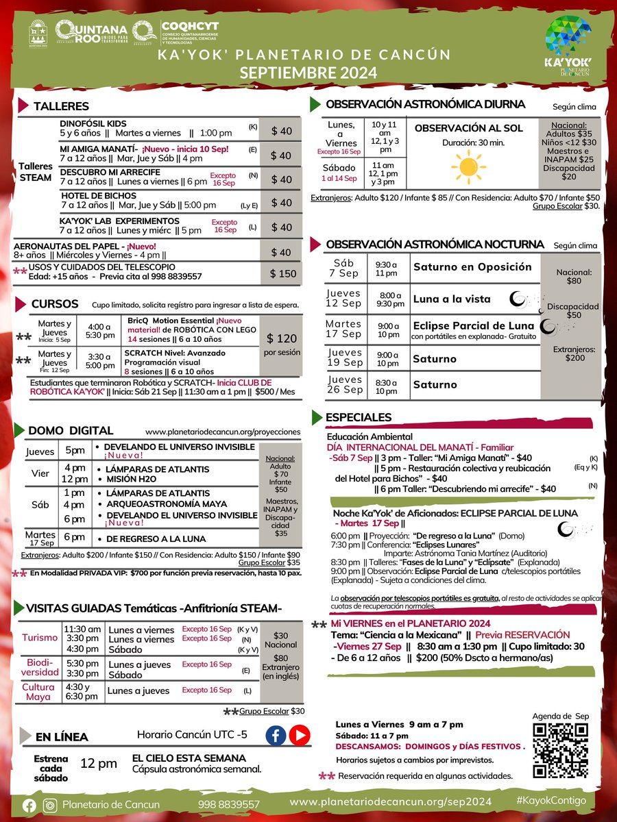PlanetarioCun's tweet photo. AGENDA de Septiembre 2024 en Ka'Yok'
@PlanetarioCun
Más actividades en:
https://t.co/27g1LjxB5L
@VivoEnCancun @DonLimon @Lizzysa @Cultura_Cancun @soyAleFloresmx @PorqueAmoCancun @Love_Cancun @EscuelasCancun
#KayokContigo un #UniversoParaTí https://t.co/SQxJeBH6U5