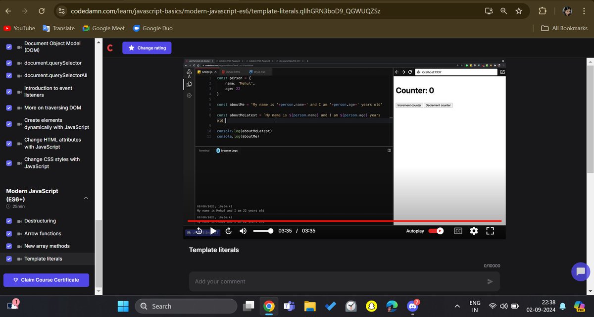 Swetaa_14's tweet image. 🚀 Day 14 of learning full-stack web development!
Today, I explored modern JavaScript concepts like destructuring, arrow functions, new array methods, and template literals. Loving how these features simplify and enhance my code! 
#JavaScript #WebDevelopment  #Codedamn