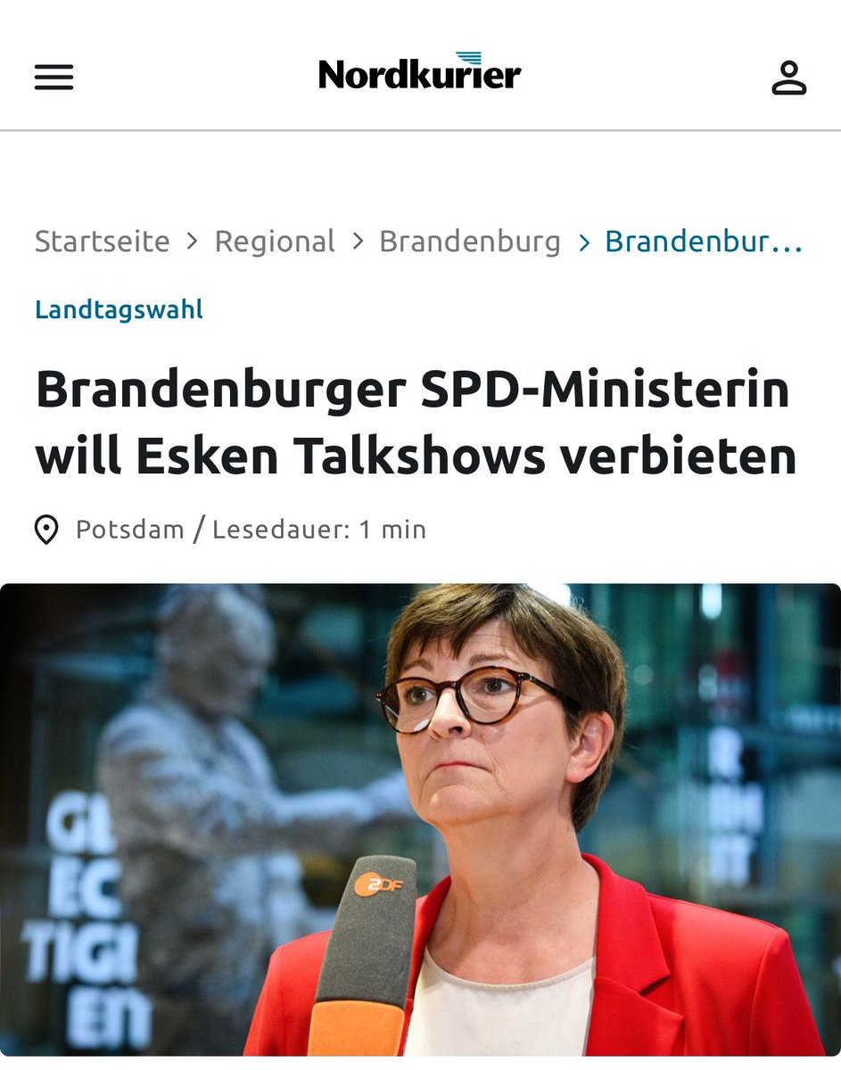 Brandenburger SPD-Ministerin will Saskia Esken Talkshows verbieten
 
Wohl aus Furcht, von den Wählern ähnlich wie in Sachsen und Thüringen abgestraft zu werden, fordert Katrin Lange <a href="/langekatrin1/">Katrin Lange</a> eine Art TV-Maulkorb für ihre eigene Partei-Chefin <a href="/EskenSaskia/">Saskia Esken</a>