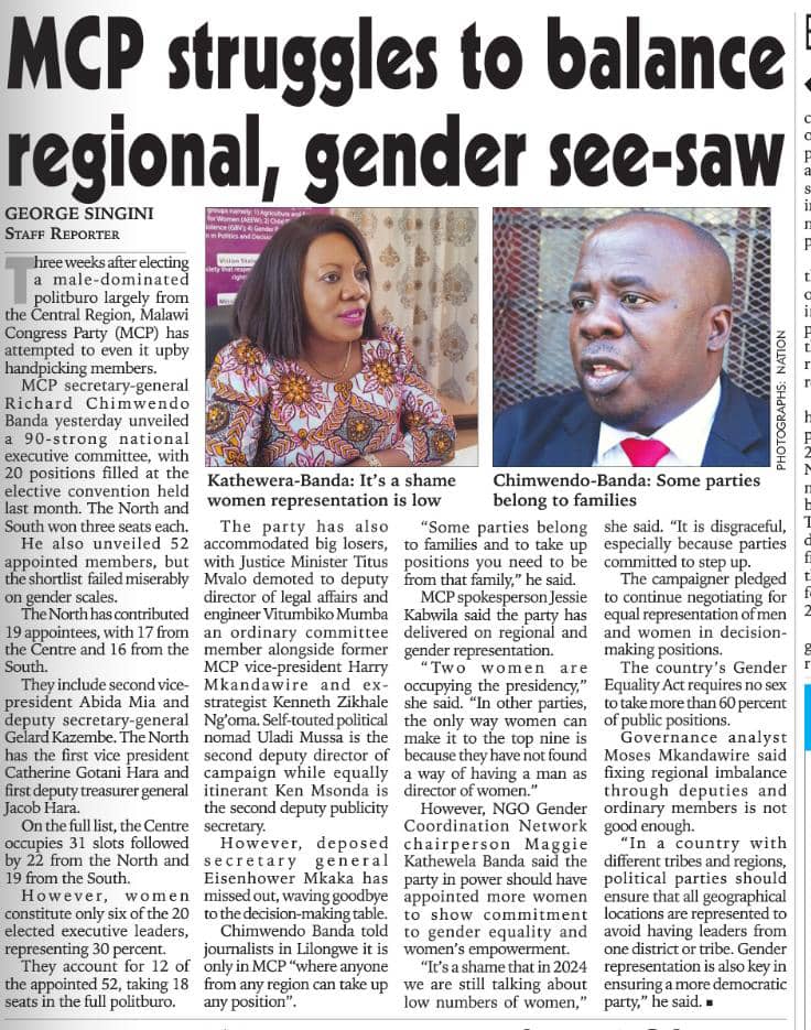 Political parties as key stakeholders in the achievement of gender equality should ensure that their commitments are translated into concrete actions. The NGO-GCN Chairperson Mrs Maggie Kathewera-Banda weighs in on the governing #MCP struggle to balance gender see-saw.