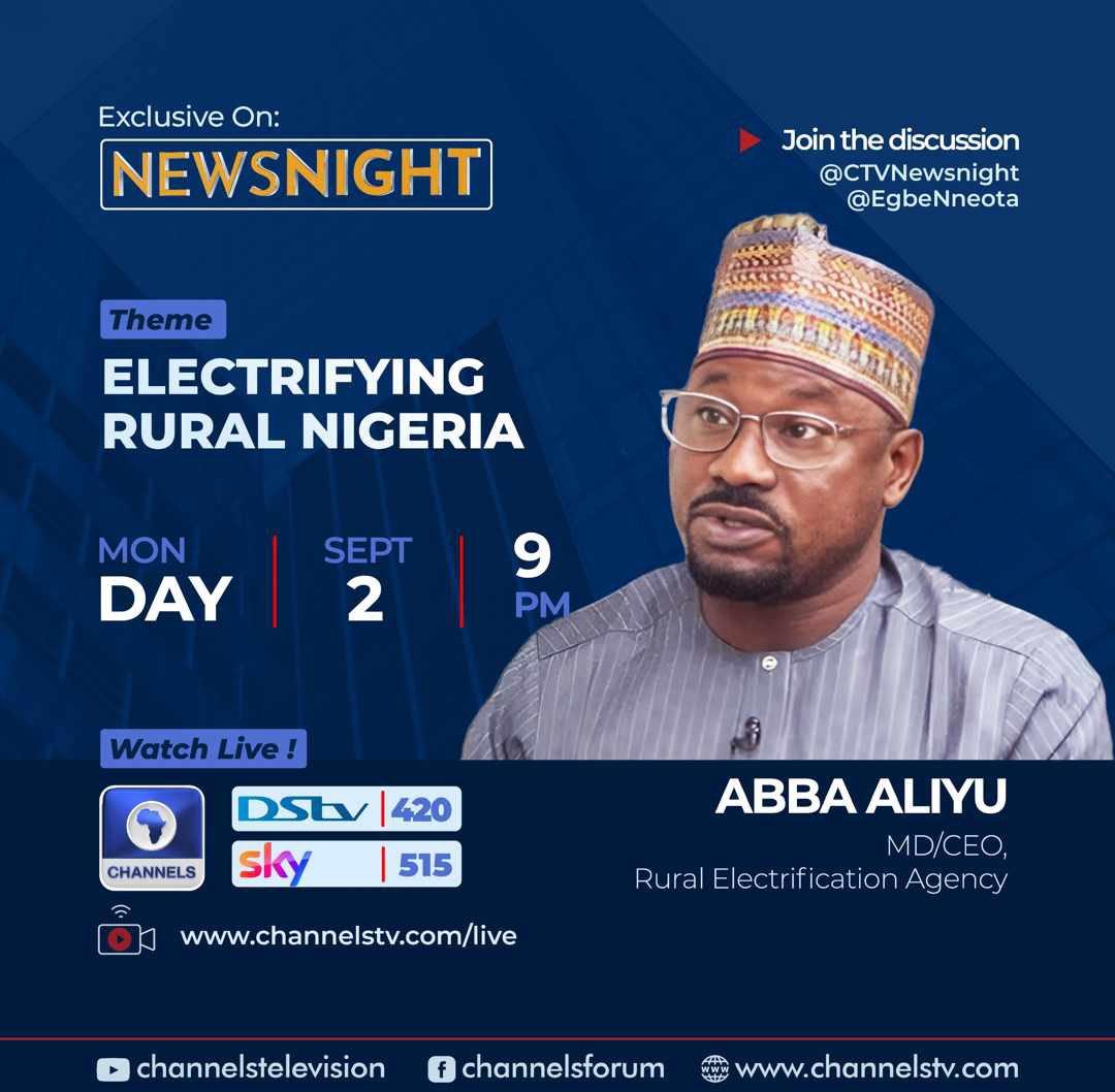 🎥 Electrifying Rural Nigeria:

Catch <a href="/abbaaliyu_/">Abba Aliyu</a>, the MD/CEO of REA on <a href="/channelstv/">Channels Television</a> tonight from 9PM.