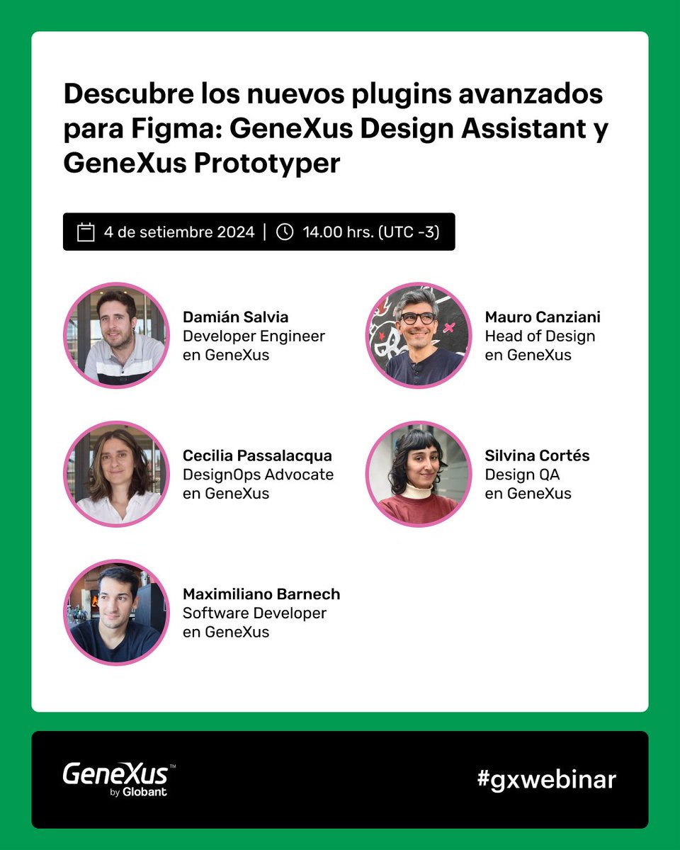 Únete a nuestro encuentro virtual y descubre cómo estos innovadores plugins para #Figma pueden transformar tu proceso de diseño en GeneXus y potenciar tus proyectos 
➡️ hubs.la/Q02Nk4_b0

🗓️ 04 de septiembre, 14.00 hrs. (UTC -3)

<a href="/Globant/">Globant</a> | #software #DesignSystem