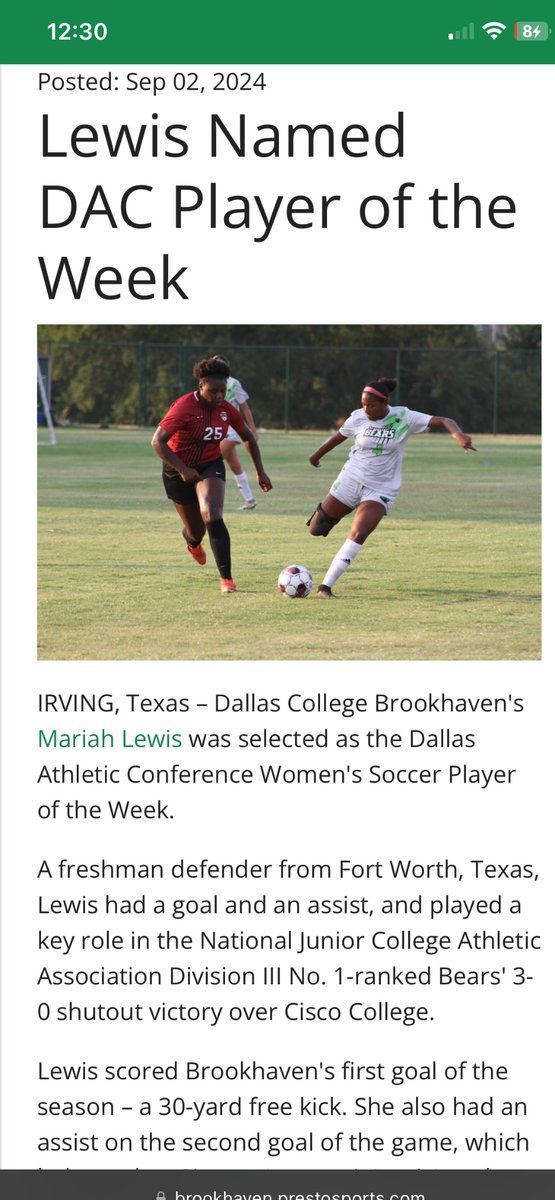 So honored to be selected for the Dallas athletic conference women’s soccer player of the week ! I can’t wait for more and this is only the beginning! #AllGloryToGod
#MoreTocome
#4
Check it out here brookhaven.prestosports.com/sports/wsoc/20…