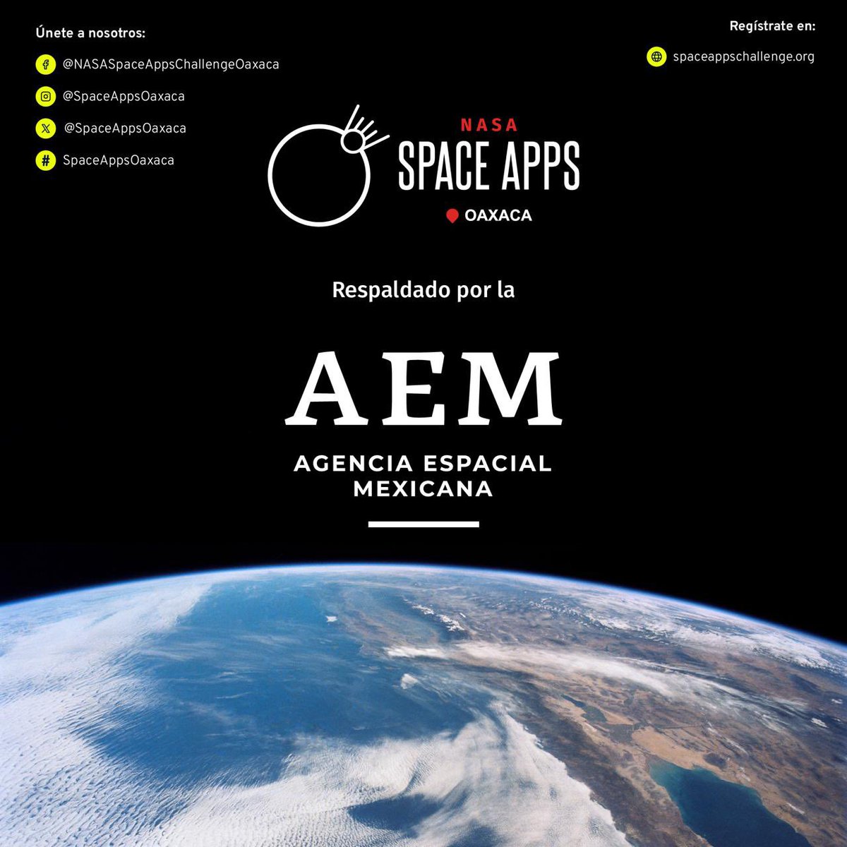 Grandes noticias desde #Oaxaca

El <a href="/NASA/">NASA</a> Space Apps Challenge Oaxaca 2024 se une a la Agencia Espacial Mexicana para que juntos soñemos en grande y exploremos lo imposible. ¡El espacio es nuestro límite! 🚀

Regístrate  en:
spaceappschallenge.org 
#SpaceAppsOaxaca