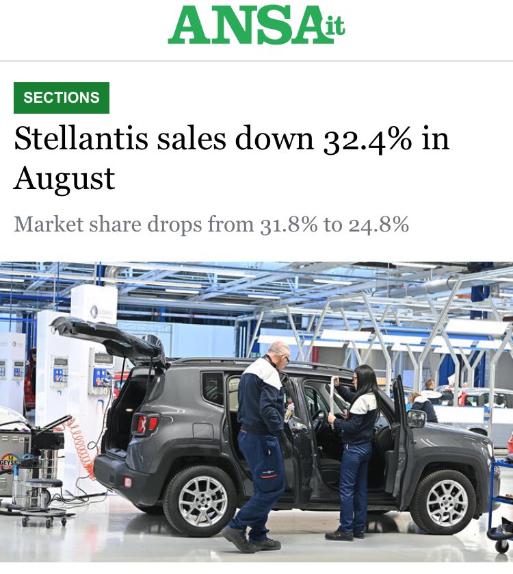 Wbalcerzak87's tweet photo. Oh fck, holly Molly 😱
Stellantis sales down 32.4% in August, with market share dropping from 31.8% to 24.8% in Italy. $STLA
More comming To Poland
#Stellantis #Italy #BreakingNews #STLA #AutomotiveIndustry #MarketUpdate #SalesDrop #AutoMarket https://t.co/OSxiTscQbt