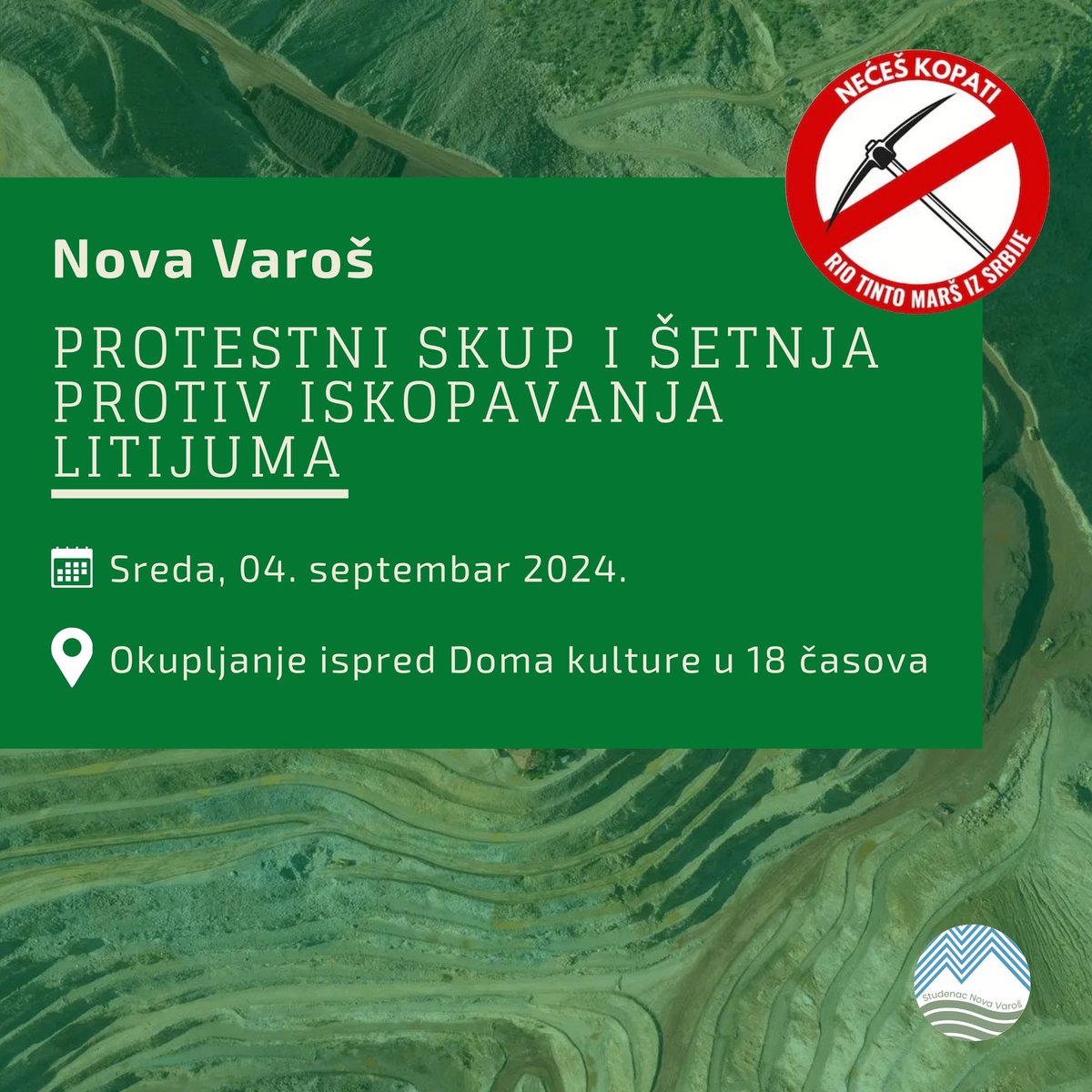 CuvariVatre's tweet photo. Protest protiv iskopavanja litijuma koji su poržali Severina Vučković i Milan Topalović Topalko!
4. septembar u 18 časova na platou ispred Doma kulture u Novoj Varoši.
#stopriotinto https://t.co/bXLfEVG8nC
