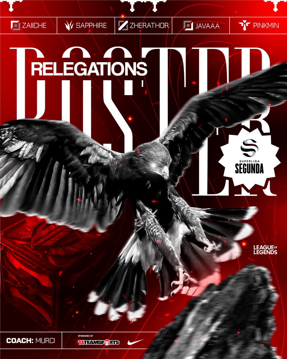 Este será nuestro roster de LEAGUE OF LEGENDS para luchar por mantener la plaza de #SuperligaSegunda. 

🦅 <a href="/zherathor/">Nacho</a> 
🦅 <a href="/zaiiche/">zaiiche</a>
🦅 <a href="/Pinkminlol_/">Pinkmin (javing fun)</a> 
🦅 <a href="/JaVaaaLoL/">JaVaaa</a> 
🦅 <a href="/sapphire__lol/">Sapphire</a> 

🦅 <a href="/CoachMurci/">Alejandro</a>

#AlzamosElVuelo