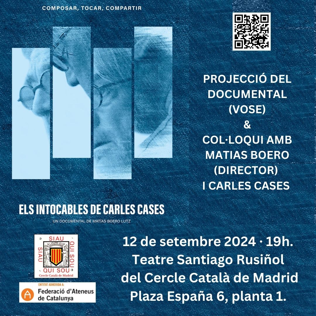 📽️L'endemà de la #Diada vine al <a href="/CatalaCercle/">Cercle Català de Madrid</a> al passi del documental + col·loqui "Els intocables de Carles Cases" (VOSE) amb la presència del Director #MatíasBoero i del músic i compositor #CarlesCases

📌 #12Setembre 19h
🆓Gratis fins esgotar aforament
ℹ️cerclecatala-madrid.net/esdeveniment/p…
