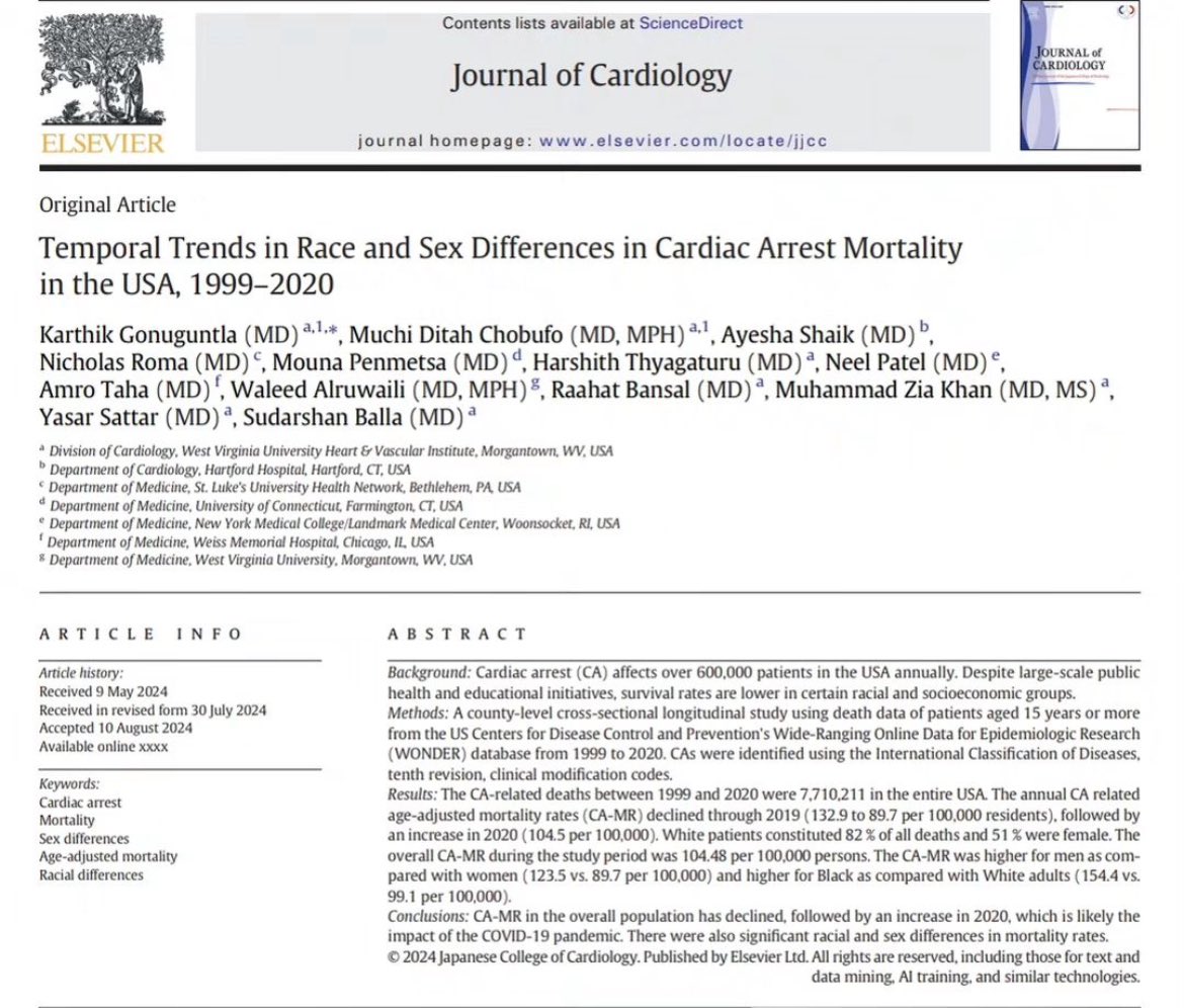 Excited to share our just published articles from CDC WONDER data. 

Trends of infant mortality secondary to congenital heart disease (1999-2020) dx.doi.org/10.1002/bdr2.2…

Race and Sex differences in Cardiac arrest mortality (1999-2020) doi.org/10.1016/j.jjcc…