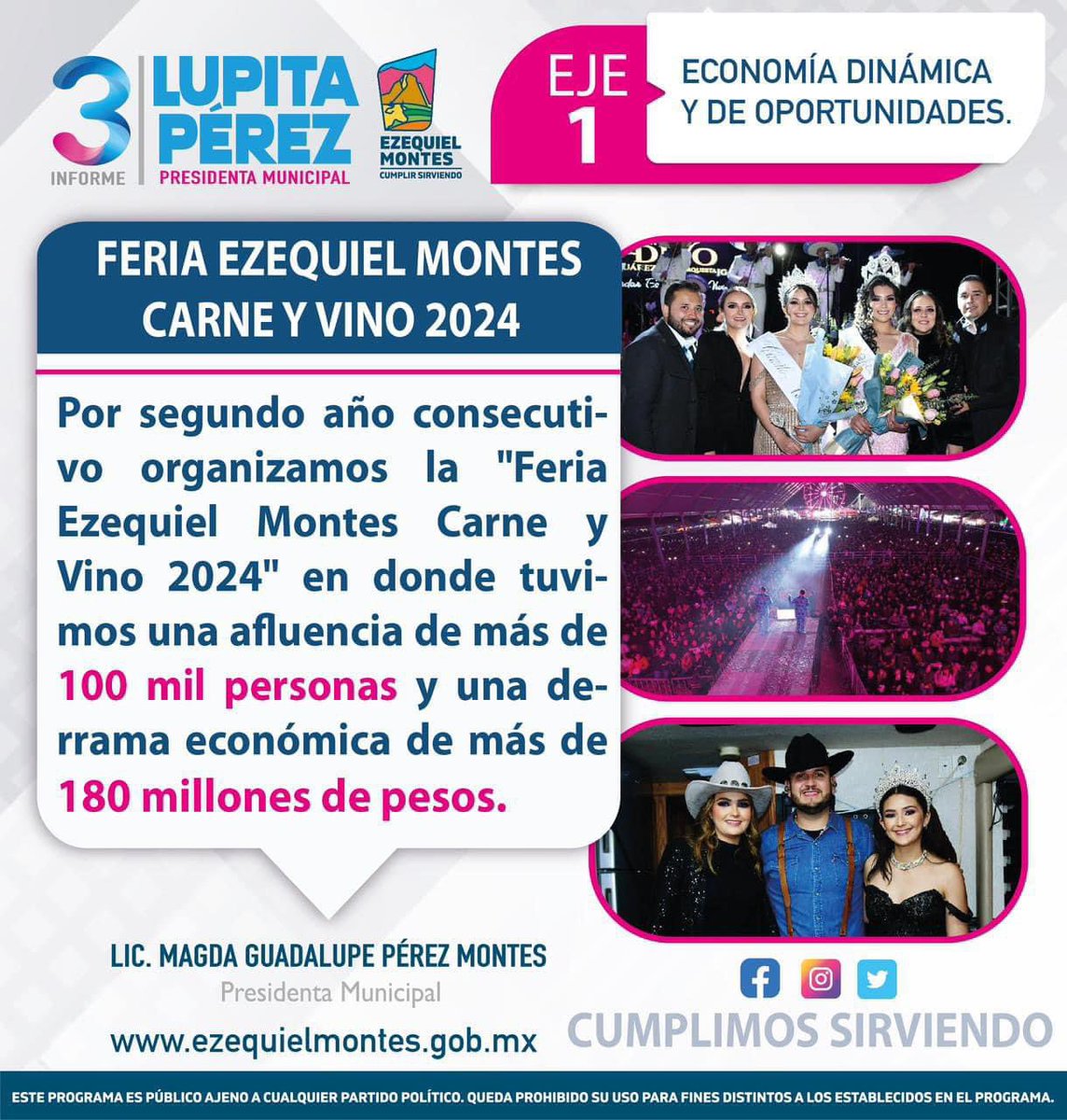 🔵Por segundo año consecutivo organizamos la “Feria Ezequiel Montes Carne y Vino 2024”, en donde tuvimos una afluencia de más de 100 mil personas y una derrama económica de más de 180 millones de pesos. 🥩 🍷 🎡 🎢🎠
#3erInformeDeGobierno
#CumplirSirviendo
