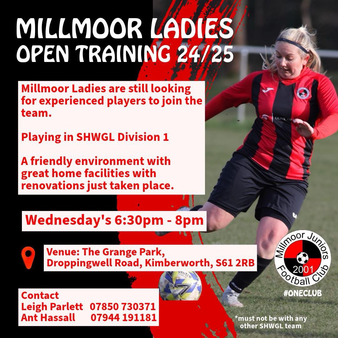 Millmoor Ladies FC (@mlfc_official) on Twitter photo Millmoor ladies are looking for a few more players for the upcoming season to complete our squad. 
All positions considered with a real fun and friendly bunch of ladies.
 
Great facilities and coaches.
Players must not be registered with any other SHWGL team.
🔴⚫️
#oneclub Millmoor ladies are looking for a few more players for the upcoming season to complete our squad. 
All positions considered with a real fun and friendly bunch of ladies.
 
Great facilities and coaches.
Players must not be registered with any other SHWGL team.
🔴⚫️
#oneclub