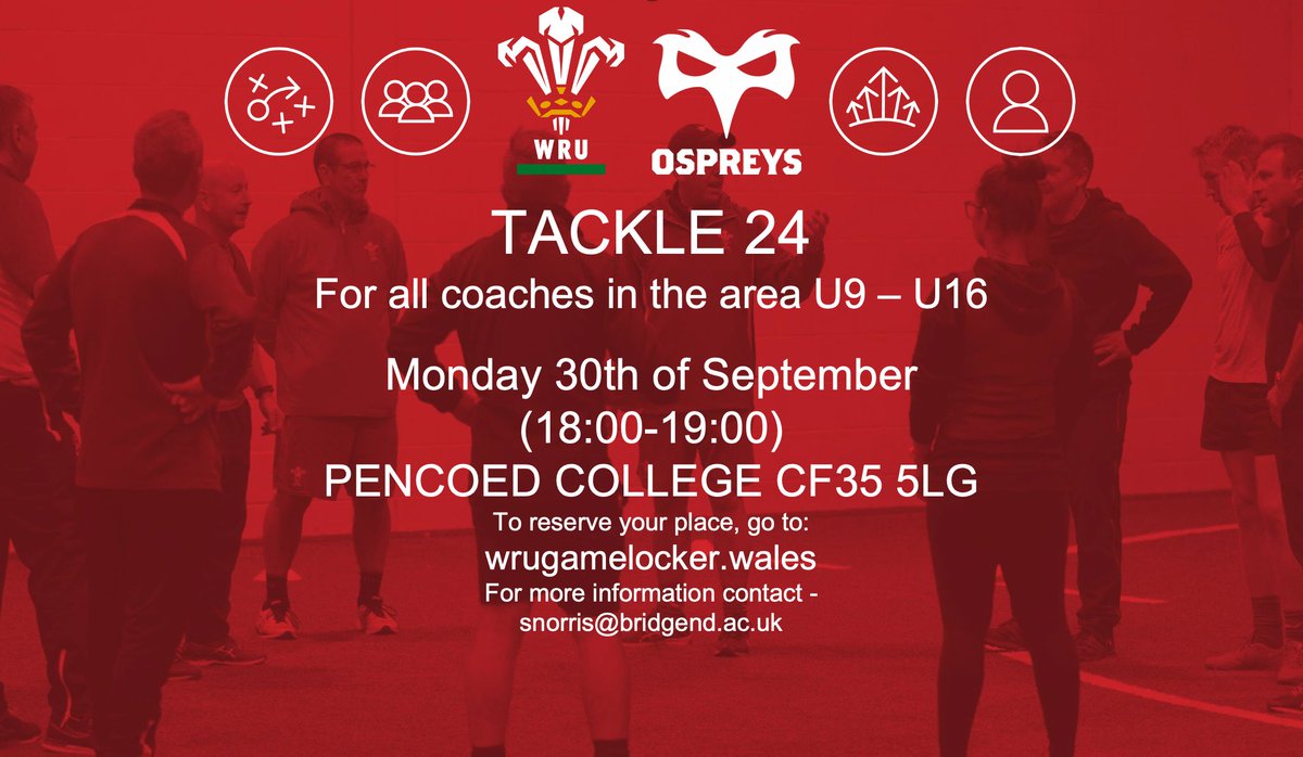 SimonNo09739164's tweet photo. 🚨Coach CPD on the new Tackle 24 initiative.
📍Pencoed College Campus (Rugby Offices)
📅Monday 30th September 6pm-7pm
Sign-up on https://t.co/Dk2HPmWlUw
@WRU_Community @BridgendRugby @bridgendravens https://t.co/HYrYUAbF1O