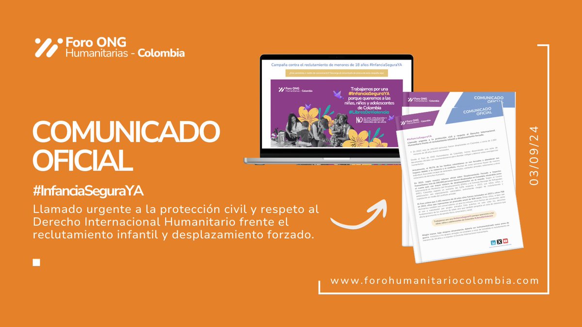 HumanitarianCol's tweet image. 📜 Comunicado Oficial 📜  

🚨 Las cifras son alarmantes: en 2023, al menos 290.000 personas desplazadas y 1.000 menores reclutados. Actuar es crucial para garantizar una #InfanciaSeguraYA 🚸Este es un llamado urgente a la acción.
👉Lee el comunicado aquí: acortar.link/2lnskN