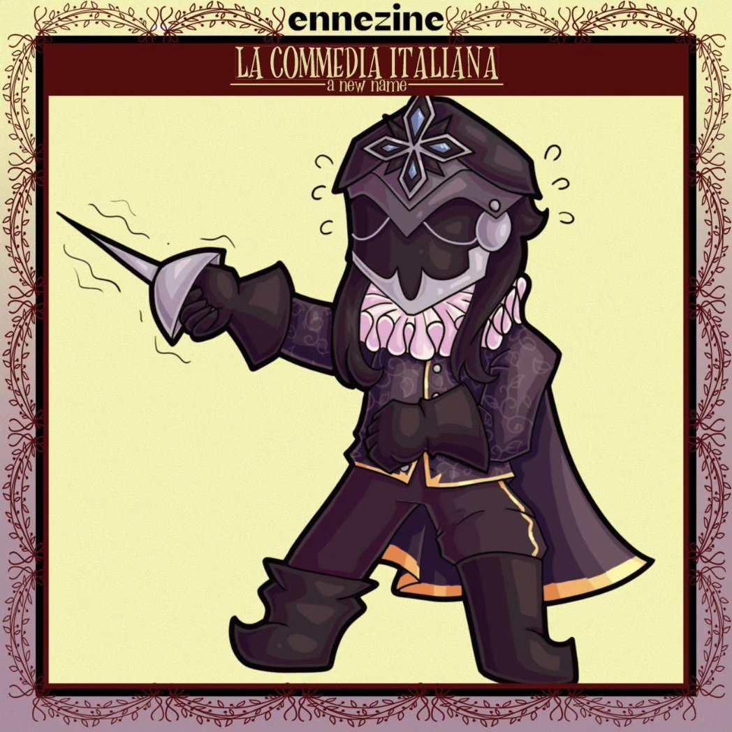 We don't know what's more exciting: Capitano in the 5.0 Story Quest or La Commedia Italiana zine pre orders TOMORROW!!

Here are some Capitano sneak peaks♡

♡ illustration by @/vertebraconfit on carrd
♡ sticker by <a href="/_eli_nea_/">Elinea</a> 

#genshinimpact #genshin #harbinger #zine #ennezine