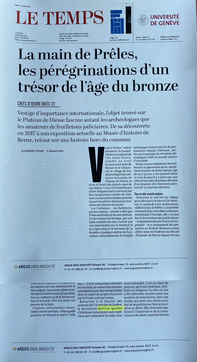 Archaeologiste's tweet photo. Just landed in a Swiss national newspaper 🥳

Beyond excited to be working on Hand of Prêles with the most incredible team! Feeling blessed and grateful for this journey! 

#UniGe https://t.co/Nk5QljMcSr