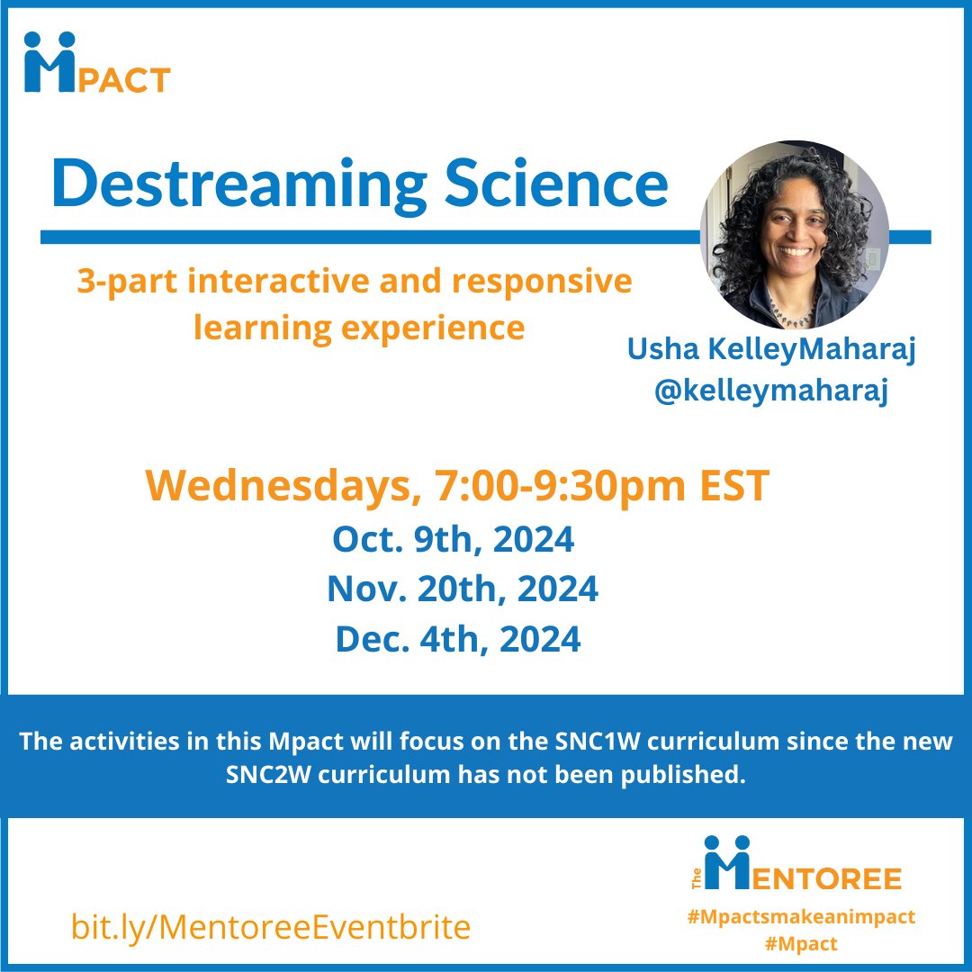 TheMentoree's tweet image. Wondering how to make destreaming work for you and your students in your  SNC1W Science class? New to secondary and ready to learn how to build an inclusive, inviting, and destreamed Science class? Join this 3-part #Mpact led by @kelleymaharaj
#NTIP #UDL bit.ly/MentoreeEventb…
