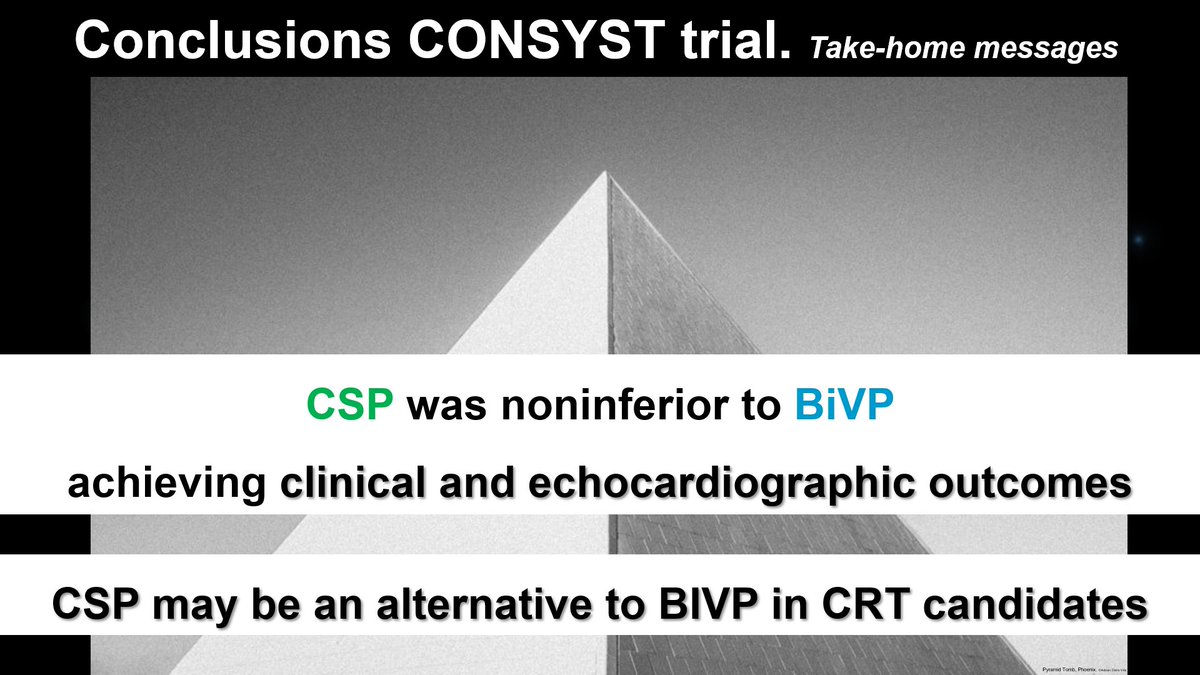🟩CONSYST trial🟦
CSP vs BiV resynchronization in systolic dysfunction &amp; wideQRS

- CSP was noninferior to BiVP achieving clinical and echo outcomes
- CSP maybe an alternative to BIVP in CRT candidates 

-Slowly- climbing (together) the pyramid of evidence
#ESCCongress #EPeeps