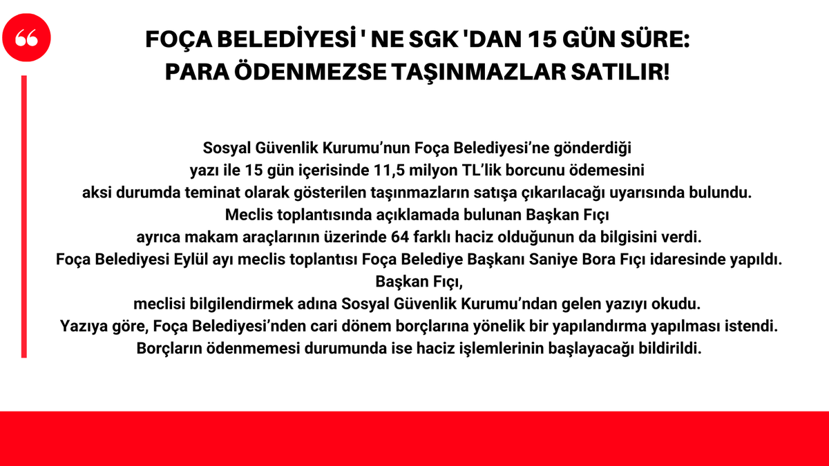 izmirpulse's tweet photo. Foça Belediyesi ' ne SGK 'dan 15 gün süre: 
Para ödenmezse taşınmazlar satılır!  @herkesicinCHP @izmirbld @eczozgurozel @ekrem_imamoglu #CHP 
https://t.co/cTONRlkxLP https://t.co/zibgyUafjw