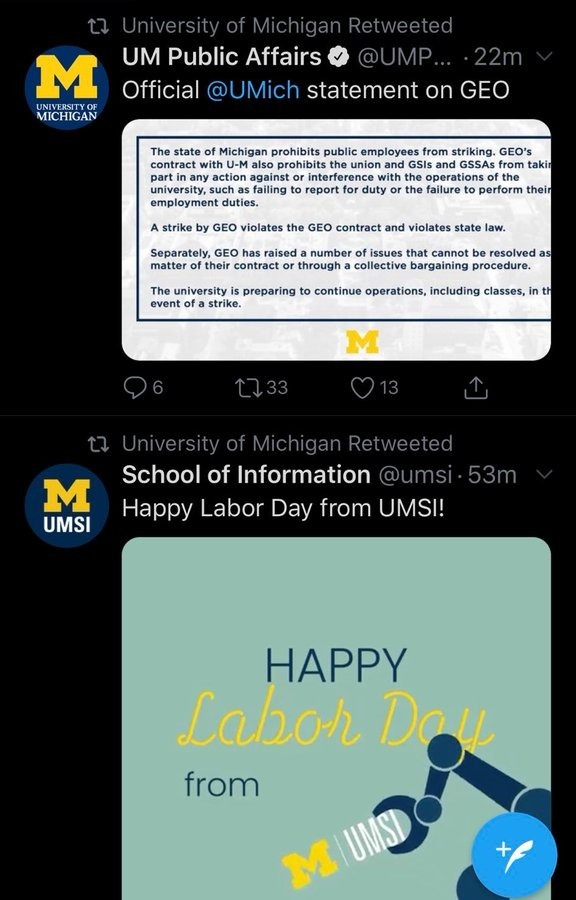 Grad Employees' Org UMich (@geo3550) on Twitter photo Happy anniversary to this shot + chaser!
Hint: don't go around wishing "Happy Labor Day" (or calling yourself pro-labor) if you lean on anti-worker laws to discipline your workers! Happy anniversary to this shot + chaser!
Hint: don't go around wishing "Happy Labor Day" (or calling yourself pro-labor) if you lean on anti-worker laws to discipline your workers!