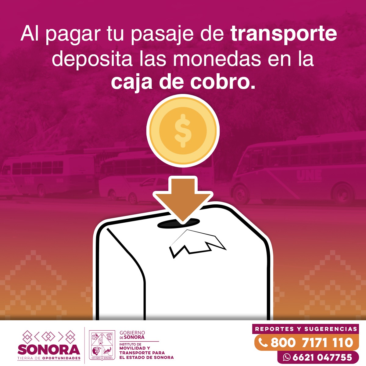 IMTESonora's tweet photo. 🚍 #Hermosillo El pago del pasaje en efectivo se deposita en la caja de cobro, el operador no maneja feria.
#MovilidadParaTodosyTodas
#CompromisosFirmes
#TierraDeOportunidades #IMTES https://t.co/RgvIGT1Dq9