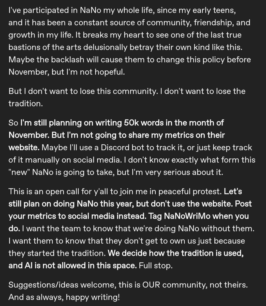 <a href="/NaNoWriMo/">NaNoWriMo</a> It seems you've forgotten that this is OUR community. It doesn't belong to machines. Clean up your act, or watch as we do it ourselves. It's your choice. #NaNoWriMo #ArtisnotAI