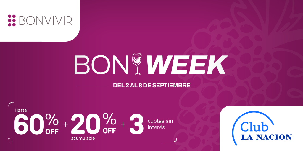 clubln's tweet photo. Arrancó el #BONWEEK de @bonvivir. 🍷
➡️ https://t.co/3xRtnSgs5G
Hasta el 08/09, hacé tu compra online con un 20% Off acumulable + 3 cuotas sin interés. 😍 ¿Querés saber más? Hacé click. 

#bonvivir #bonweek #beneficiosclubln #clubln #clublanacion #lanacion https://t.co/z3FCMKiTcC