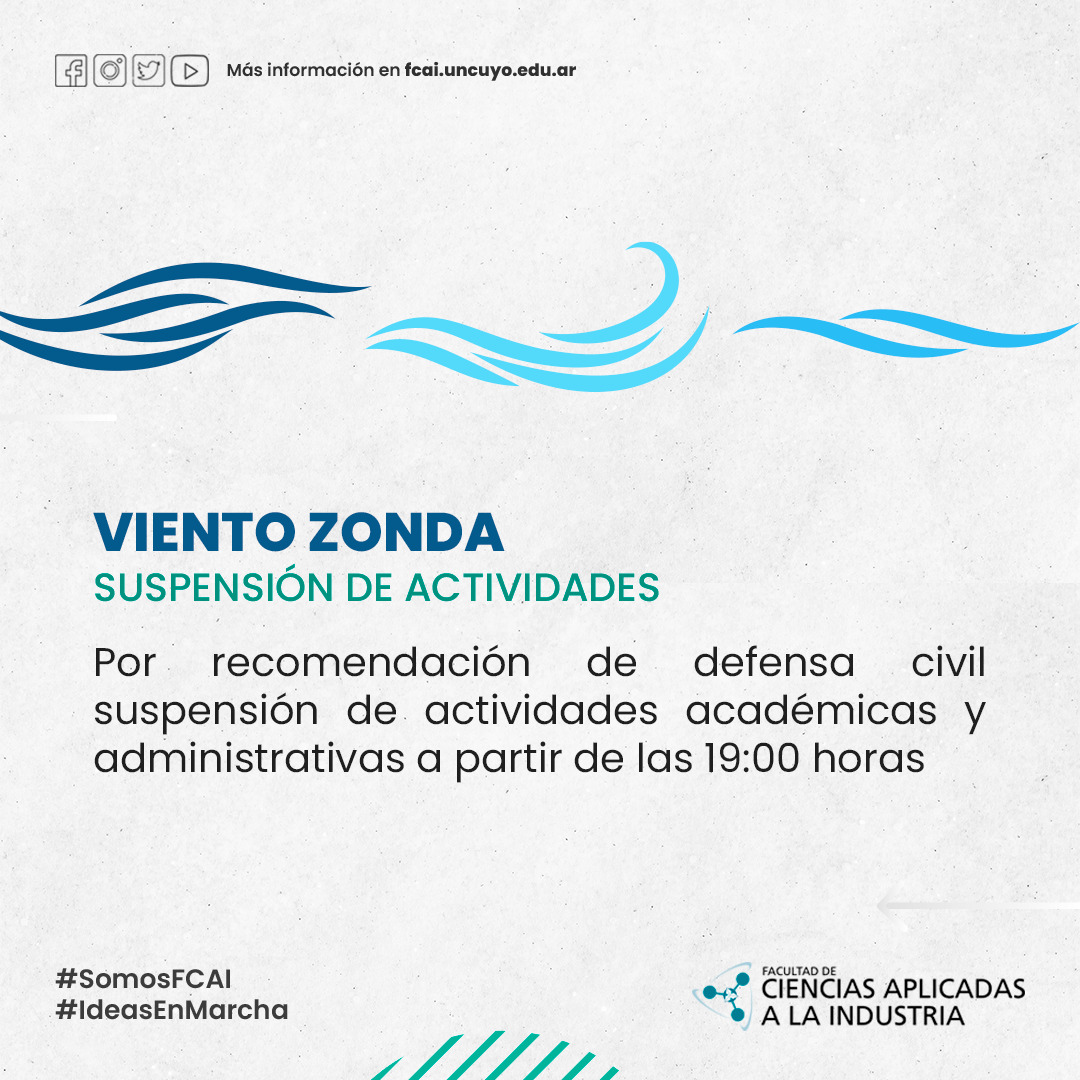 COMUNICADO IMPORTANTE

Por recomendación de defensa civil suspensión de actividades académicas y administrativas a partir de las 19:00 horas.

#VientoZonda
#SomosFCAI