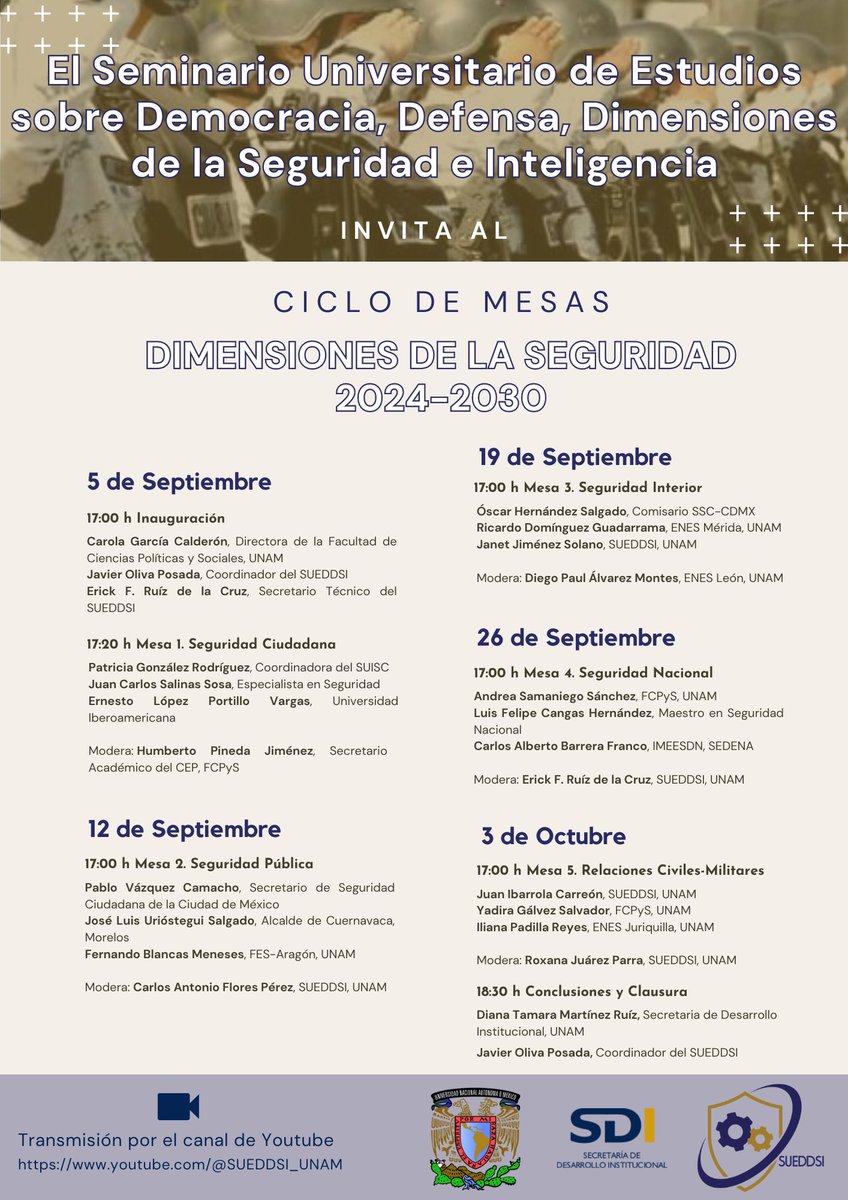 SUEDDSI_UNAM's tweet photo. EVENTO SUEDDSI

Ciclo de mesas: “Dimensiones de la Seguridad: 2024-2030”

📆: 5, 12, 19 y 26 de septiembre y 3 de octubre.
⏰: 17:00 horas 
🖥️: https://t.co/c5aFw6iHIn https://t.co/ko943TFMyg