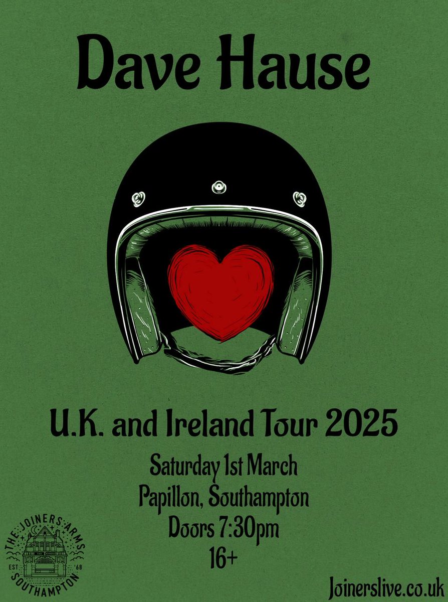 🏍 SHOW ANNOUNCEMENT 🏍

After many moons we FINALLY welcome back the incredible DAVE HAUSE to Southampton!

You've seen Dave on the road with Gaslight Anthem, Frank Turner, Alkaline Trio &amp; More! 

Tix go live Weds 10am at joinerslive.co.uk ❣