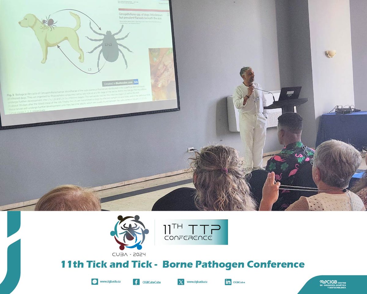 CIGBCuba's tweet photo. "Transmission of canine filarial worms by ticks" was the presentation by Domenico Otranto, Ph.D from Italy at the 11th edition of the Conference on Ticks and Tick-Borne Pathogens #TTP11. https://t.co/PdIQM1Pog4