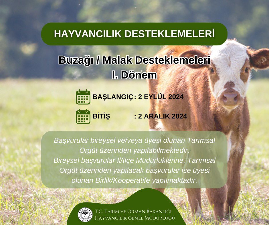 2024 Yılı Buzağı/Malak Desteklemeleri I.Dönem Başvuruları  Başladı 🐮 

🗓️Başlangıç: 2 Eylül 2024
🗓️Bitiş           : 2 Aralık 2024

<a href="/ibrahimyumakli/">İbrahim Yumaklı</a> 
<a href="/TCTarim/">T.C. Tarım ve Orman Bakanlığı</a>