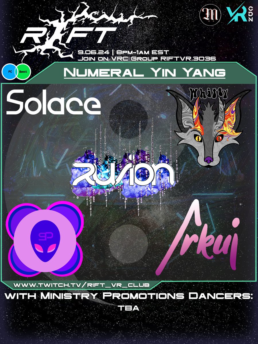 RIFT _VR (@rift_vr_club) on Twitter photo Event announcement time! Join us Friday, Sept. 6th at 8pm EST for DJs <a href="/Whitty_Cat/">Whitty 🇵🇦 🔜 DJ'ing in the VR Realm~</a>, <a href="/SayuriPastel/">🌸Sayuri~Pastel🌸</a>, <a href="/SolaceVRC/">🍵Solace🌸🔞</a>, <a href="/OfficialRusion/">🎶Rusion</a>, & <a href="/VRArkui/">Arkui</a> and dancers from <a href="/MinistryPromoVR/">Ministry Promotions</a> as we dance the night away. PCVR and Standalone compatible, and streamed to Twitch! Event announcement time! Join us Friday, Sept. 6th at 8pm EST for DJs <a href="/Whitty_Cat/">Whitty 🇵🇦 🔜 DJ'ing in the VR Realm~</a>, <a href="/SayuriPastel/">🌸Sayuri~Pastel🌸</a>, <a href="/SolaceVRC/">🍵Solace🌸🔞</a>, <a href="/OfficialRusion/">🎶Rusion</a>, & <a href="/VRArkui/">Arkui</a> and dancers from <a href="/MinistryPromoVR/">Ministry Promotions</a> as we dance the night away. PCVR and Standalone compatible, and streamed to Twitch!