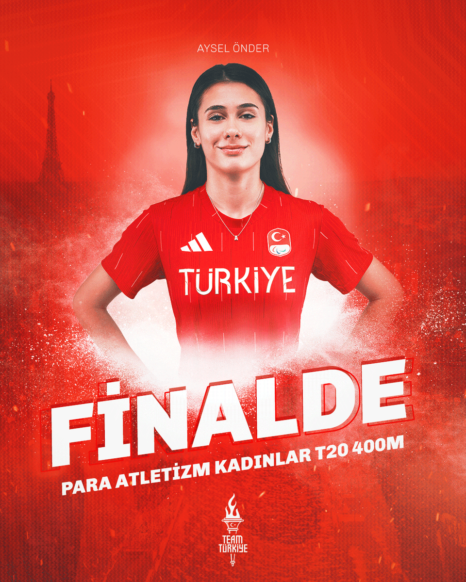 TeamTurkiye's tweet photo. 💫Aysel Önder Dünya rekoruyla finalde!

#Paris2024 Paralimpik Oyunları'nda para atletimiz Aysel Önder, kadınlar T20 400m elemelerinde 54.96'lık derecesiyle dünya rekoru kırarak finale yükseldi.🏃

🇹🇷Sporcumuzun katılacağı final yarışı yarın akşam saat 20.08'te başlayacak. https://t.co/xdIiWHtLvU