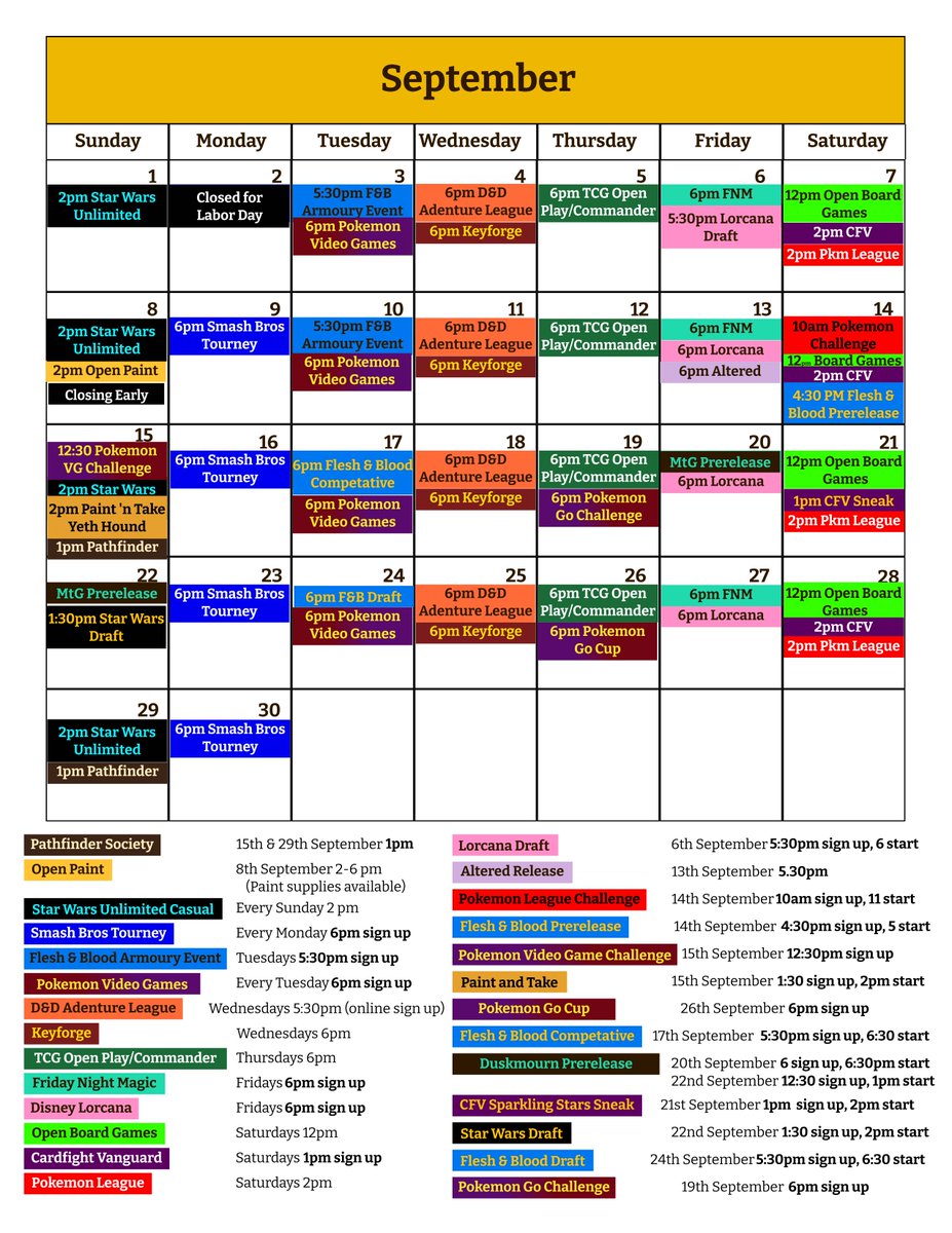 September brings new and returning events.
Friday we have our regular #Lorcana draft; next weekend we have the release of the all new #AlteredTCG and prerelease for the newest set of #FleshAndBloodTCG; and three separate days for the Pokemon VG and Go League Challenge and Cup!