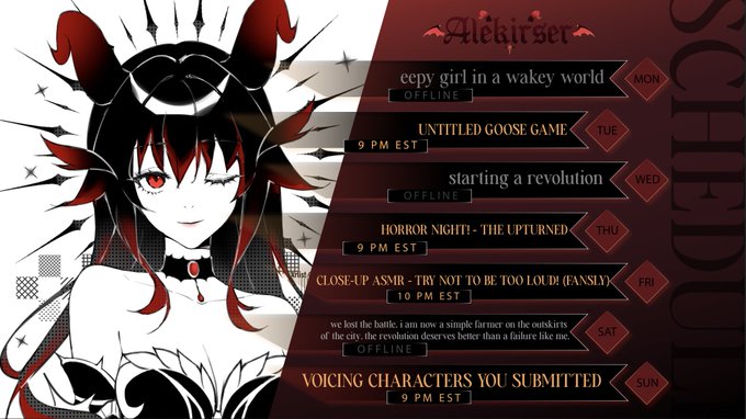 THIS WEEK'S SCHEDULE! (SEP 2 - 8)
?️SUBMIT CHARACTERS for me to voice HERE: https://t.co/1AB9xYd2Y2
?
