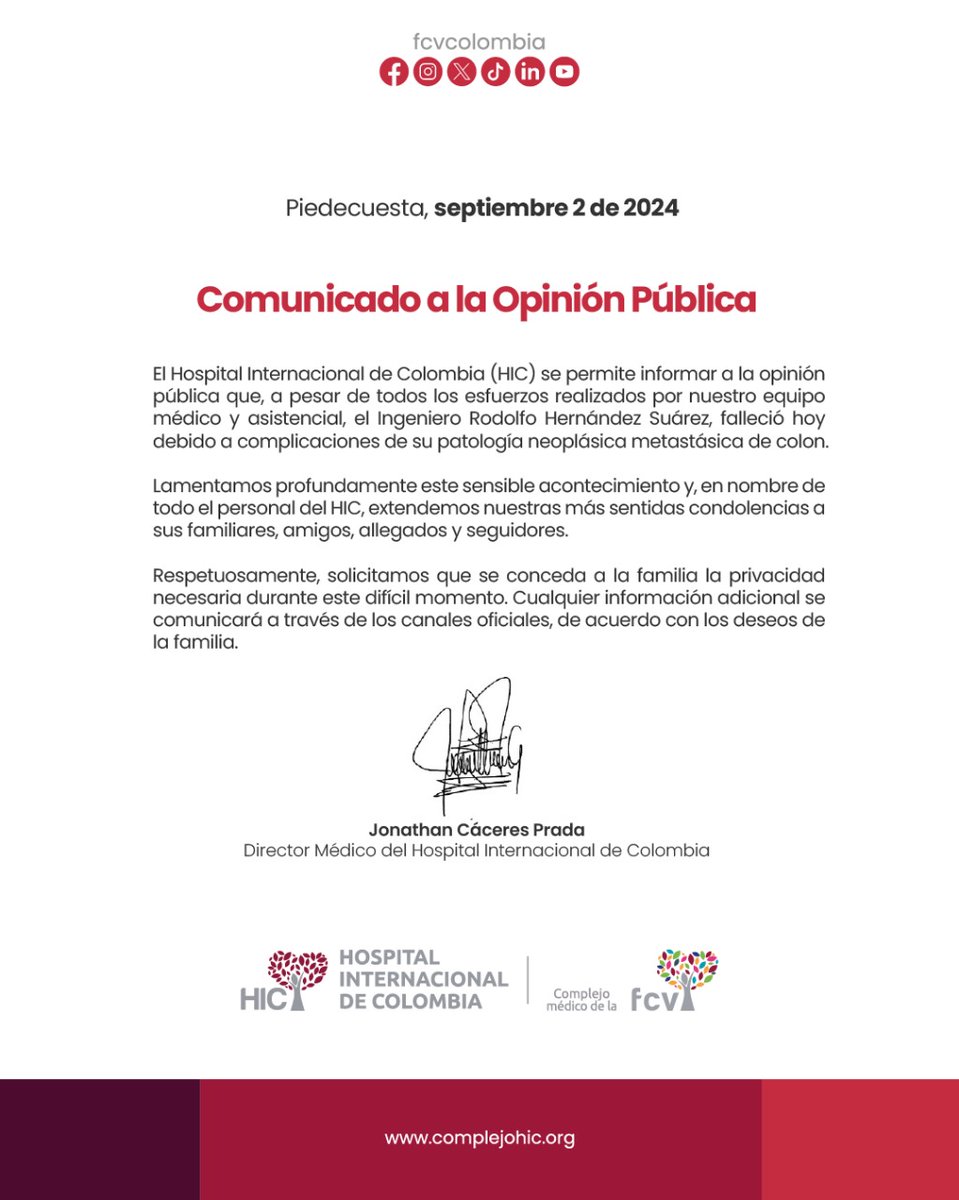 lafm's tweet photo. #ÚltimaHora | Luego de múltiples complicaciones por un cáncer de colon, falleció el exalcalde de Bucaramanga, Rodolfo Hernández. En las últimas semanas, se le había practicado una cirugía conocida como hepatectomía derecha debido a la presencia de tumores en el hígado. https://t.co/EngrTH3nCA