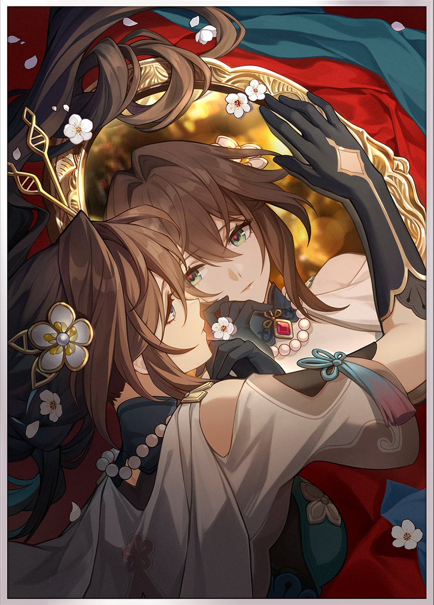 baejoohimee's tweet photo. Nah y'all... Ruan Mei and Herta's respective lightcone is them and their reflection inside the mirror, Herta is the "Birth of self" while Ruan Mei is the "Past self", Herta is more focus on herself and Ruan Mei is mulling about the whole universe. They're each other's opposite... https://t.co/Up5R15kkJf