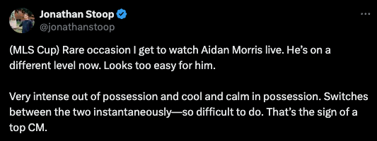 jonathanstoop's tweet photo. Great to see Aidan Morris' career progress accordingly.

More evidence that a player's ability to remove themselves from the game's emotional momentum –– cool and calm on the ball, energetic and intense off of it –– is a great indicator of scalability.

I was initially worried that the Championship might be a bit too 'disconnected' and chaotic for his profile but he's started well. I'm sure he's getting an excellent education (either directly or indirectly) from Michael Carrick.