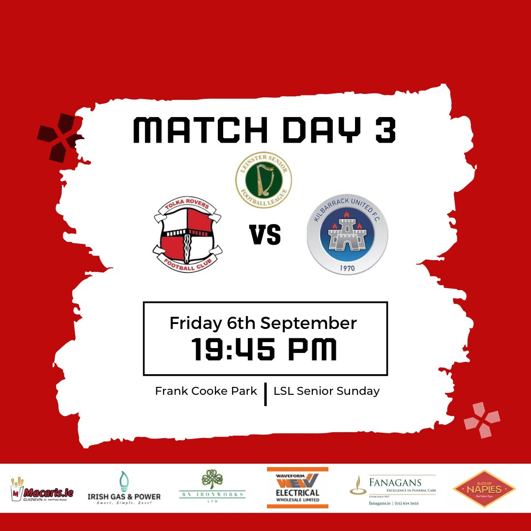 TolkaRoversAFC's tweet photo. 🎉 Match Day 3 Alert! 🎉

This Friday, we face unbeaten Kilbarrack United at Frank Cooke Park! 🏟️

🗓️ Friday, 6th Sept
🕢 19:45 PM

Come down and witness a thrilling clash under the lights! 🔴⚪

#TolkaRovers #LSLSeniorSunday #MatchDay https://t.co/8tUY1K4eve